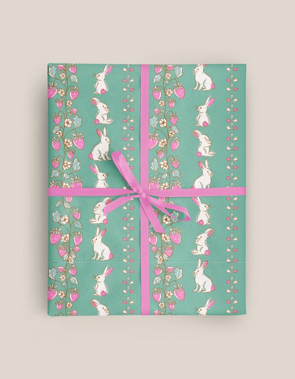 Green Bunnies and Strawberries Floral Wrapping Paper Roll