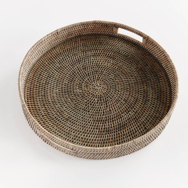 Burma Rattan Round Serving Tray Large, Gray