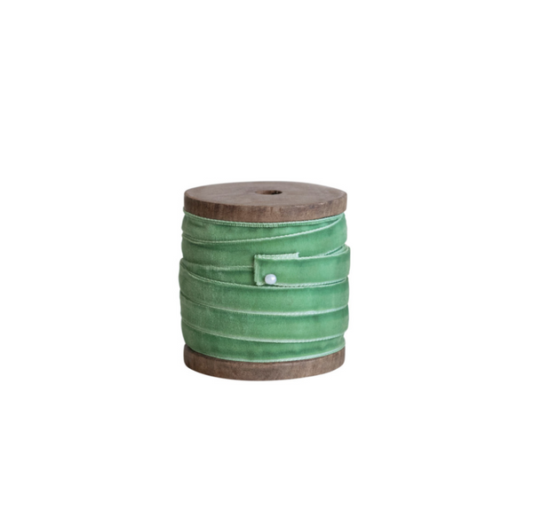 Green Velvet Ribbon on Wood Spool