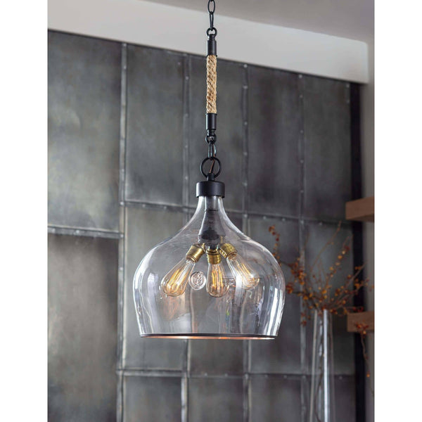 Demi John Pendant Large - A glass demijohn bottle hangs from twisted jute ro