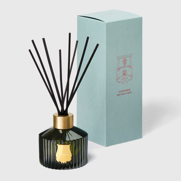 Reed diffuser with black sticks and gold cap next to its packaging on a light gray background