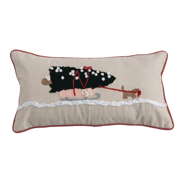 Embroidered Dog & Sleigh Pillow