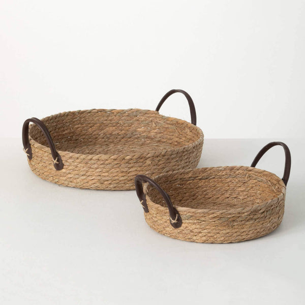 Handled Woven Wicker Tray - Set of 2