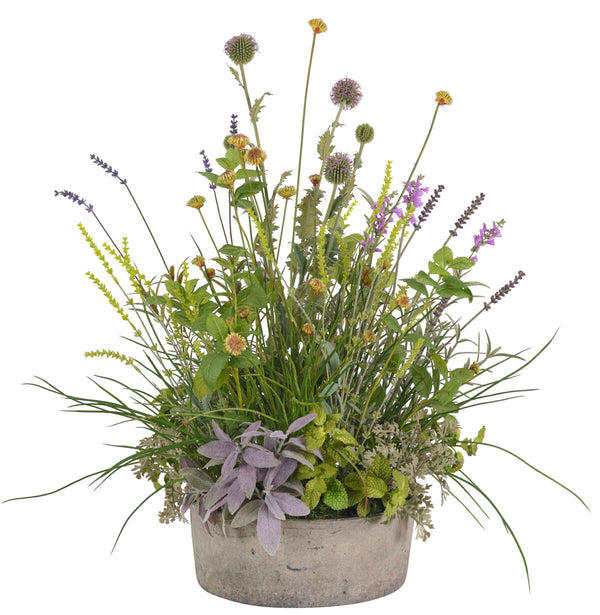 Herbs Thistle, Lavender Green, in Terracotta Bowl, Faux Arrangement