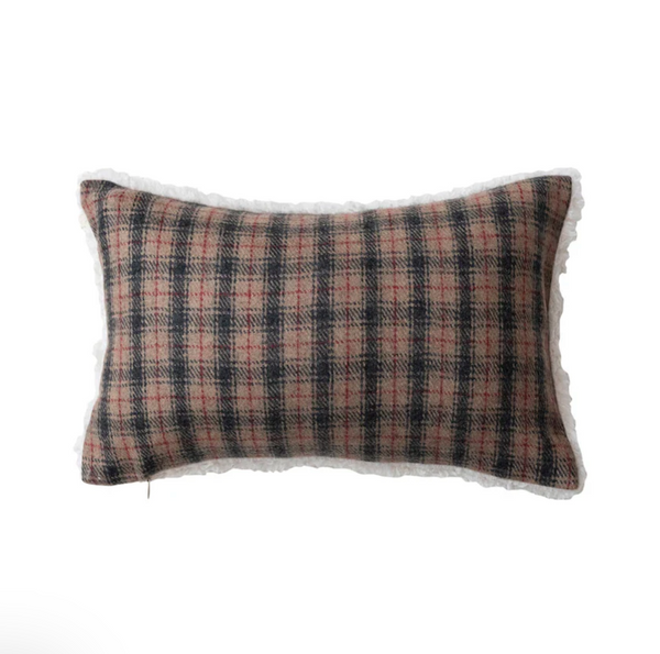 Woven Wool Blend Lumbar Pillow w/ Sherpa Back, Multi Color Plaid