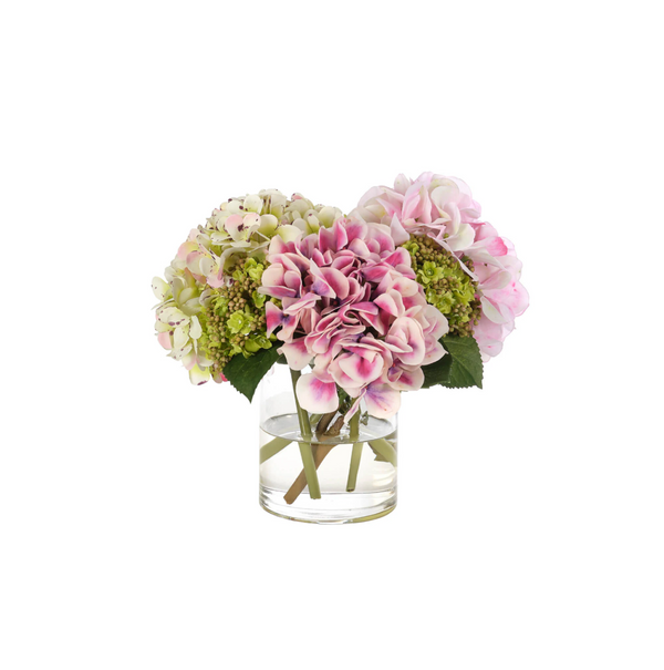 Pink/Green Hydrangea in Glass Cylinder