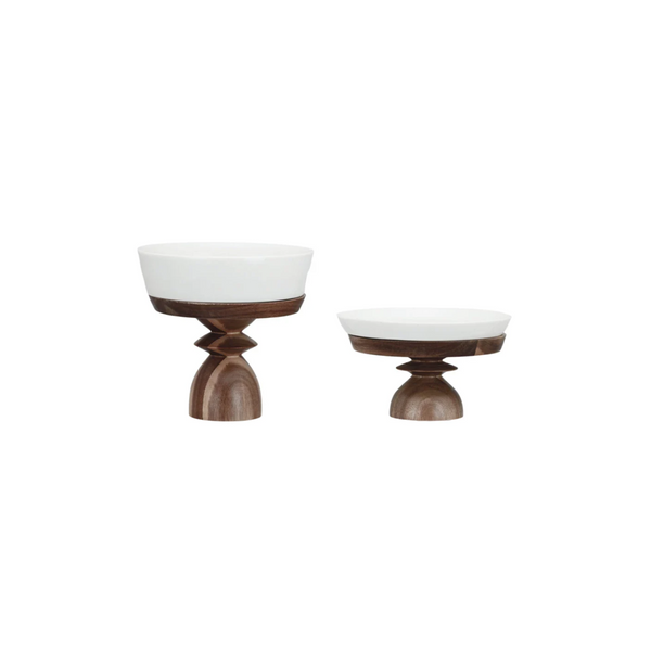 Stoneware Serving Dishes with Wood Pedestals