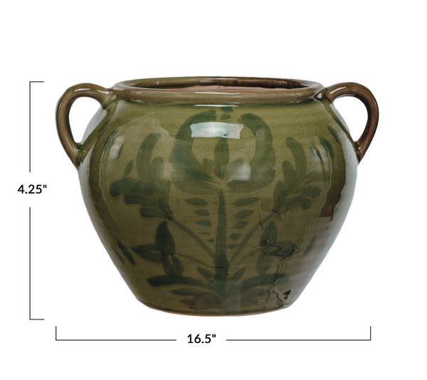 Hand-Painted Terra Cotta Handled Urn