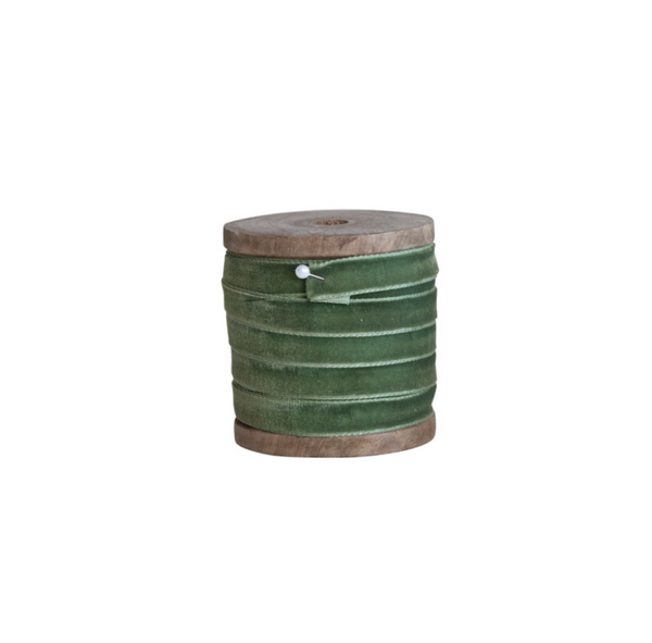 Green Velvet Ribbon on Wood Spool