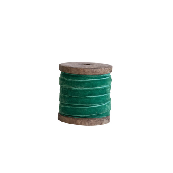 Green Velvet Ribbon on Wood Spool