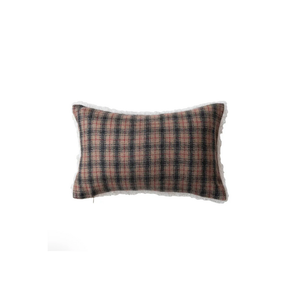 Woven Wool Blend Lumbar Pillow w/ Sherpa Back, Multi Color Plaid