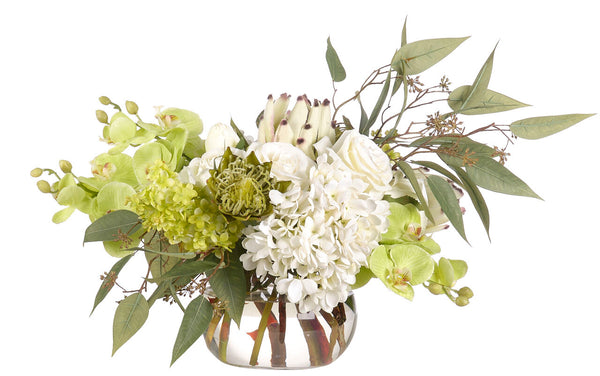 Hydrangea Protea, White Green, Glass Vase