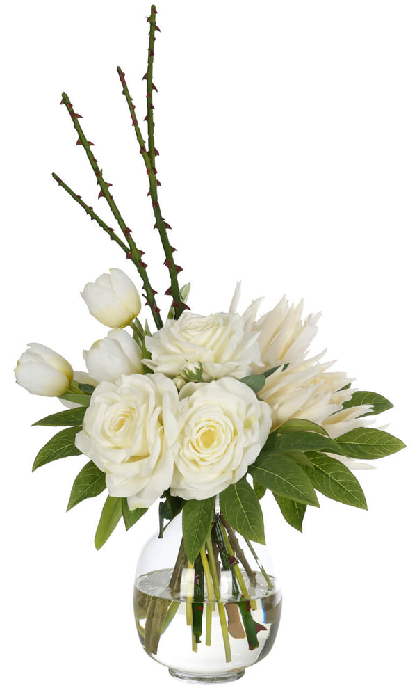 Rose Protea, White Cream, Glass Vase