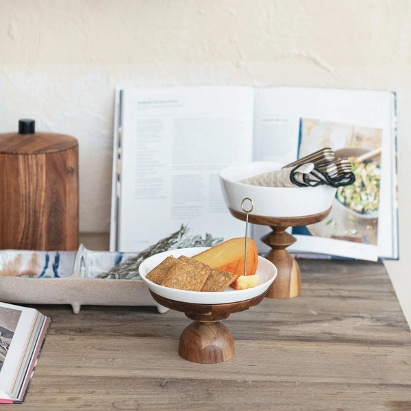 Stoneware Serving Dishes with Wood Pedestals