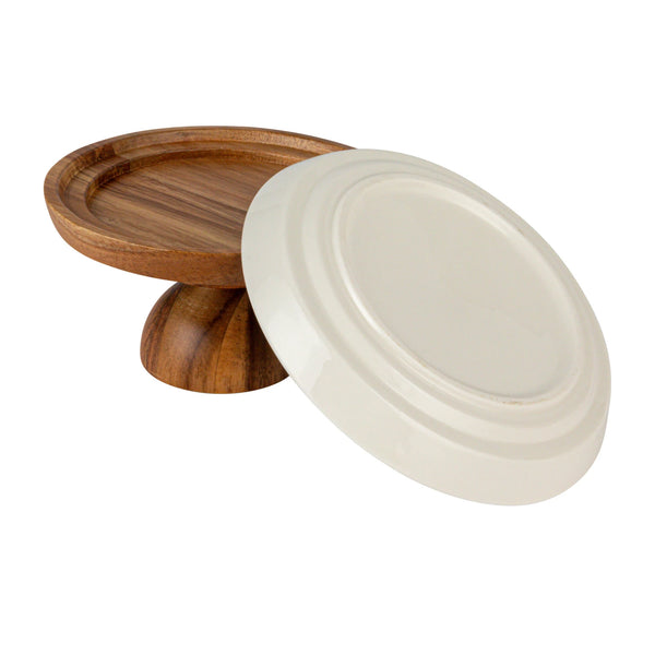 Stoneware Serving Dishes with Wood Pedestals