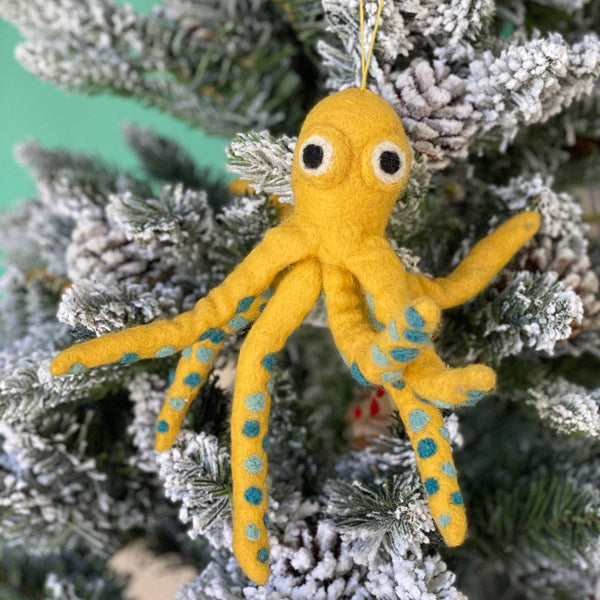 Hand Felted Yellow Octopus Ornament