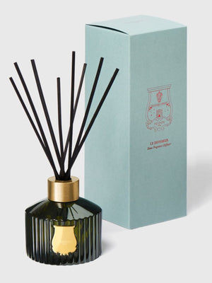 Reed diffuser with black sticks and gold cap next to its packaging on a light gray background