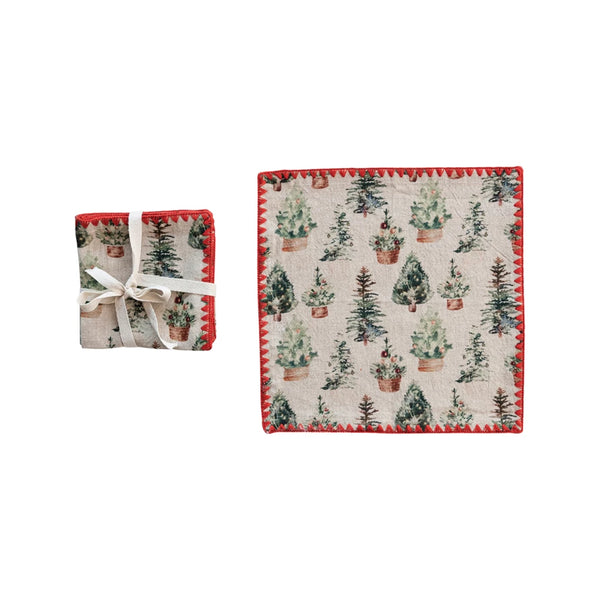 Red Stitched Cocktail Napkins w/ Trees